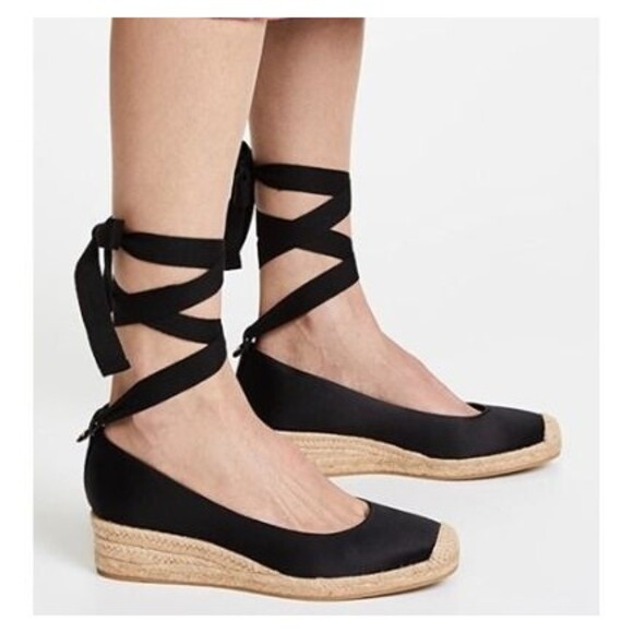 Tory Burch black satin lace up espadrille wedges - Women's 8.5 - Like New - Picture 1 of 10